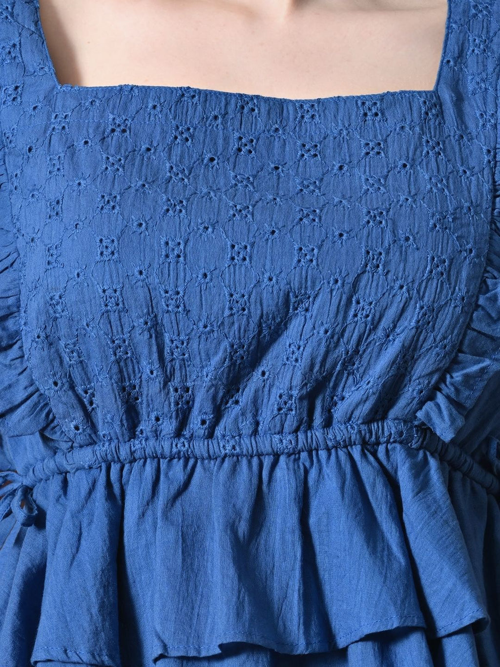 Myshka Girl Blue Pure Cotton Schiffli Flared Sleeves Tiered Top | Grocsy