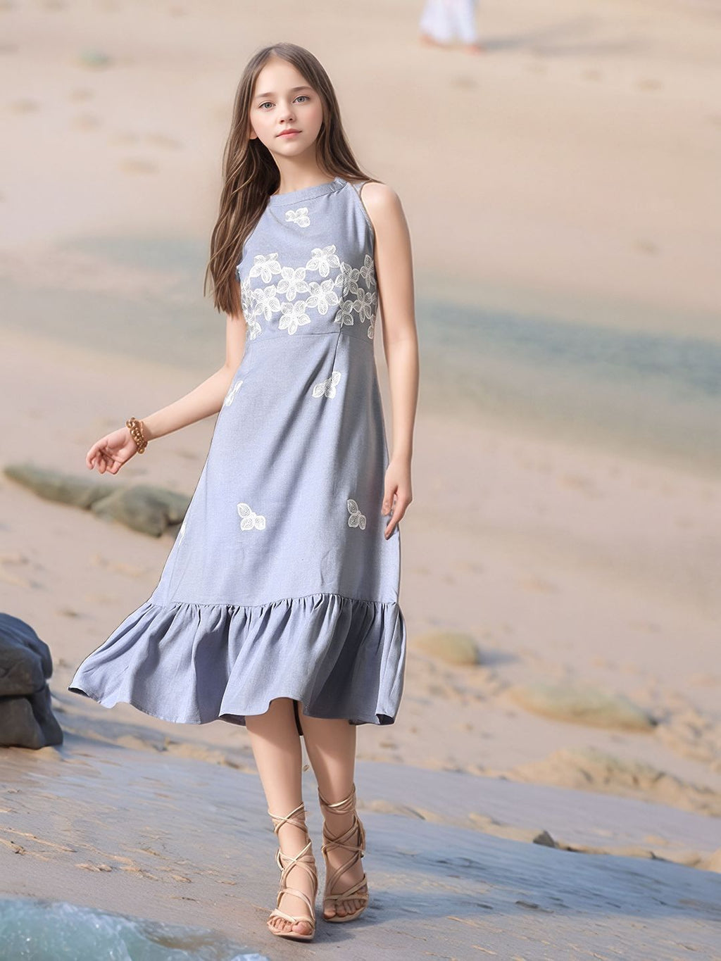 Myshka Girls Linen Cotton Embroidered Maxi Dress | Grocsy