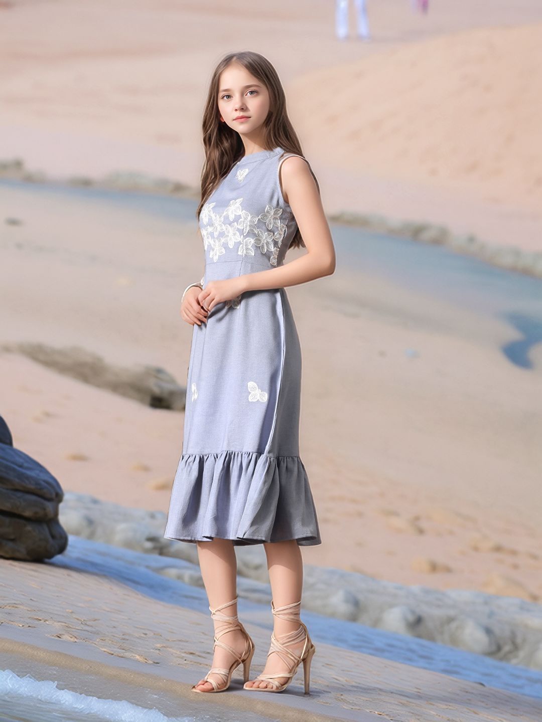 Myshka Girls Linen Cotton Embroidered Maxi Dress | Grocsy