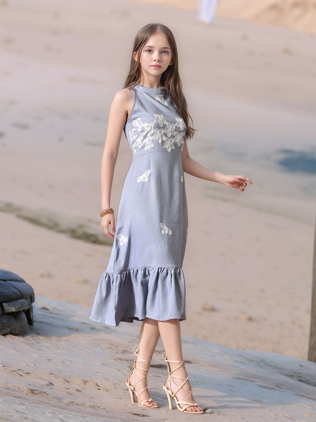 Myshka Girls Linen Cotton Embroidered Maxi Dress | Grocsy