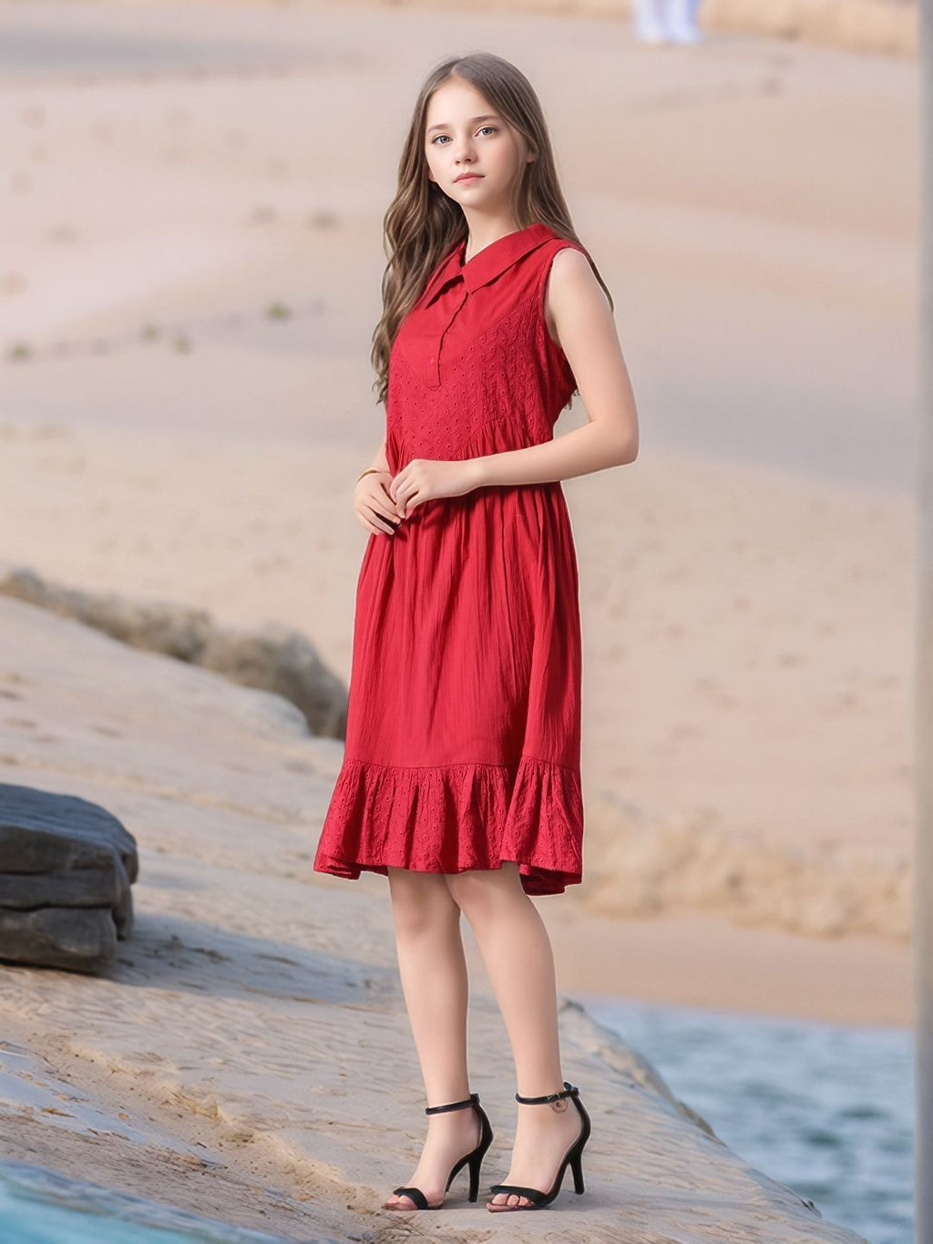 Myshka Girls Pure Cotton Pink Schiffli Midi Dress | Grocsy