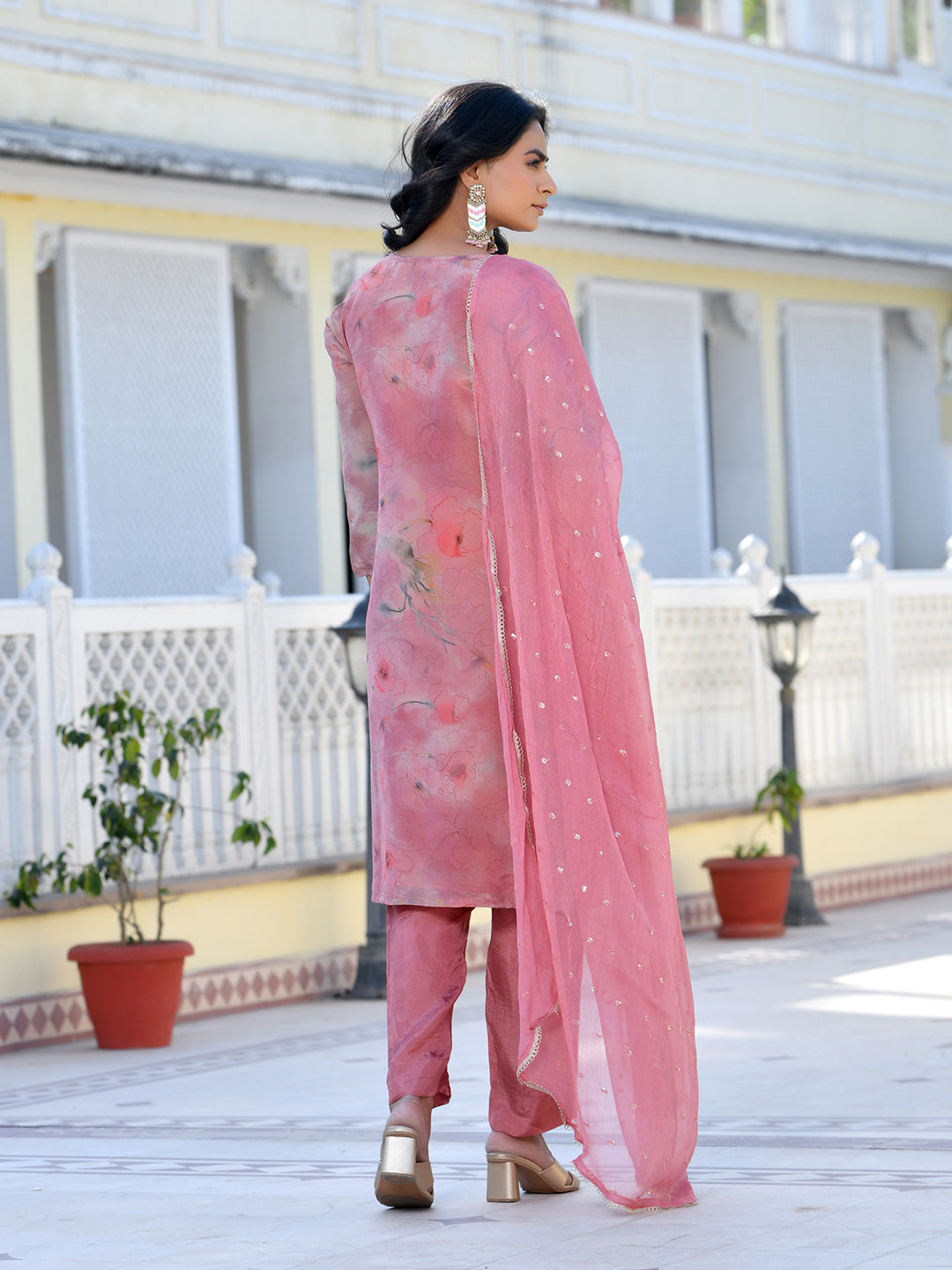 Vaasva Women's Pink Viscose Tissue Digital Printed Suit Set | Grocsy