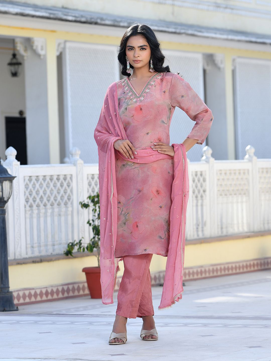 Vaasva Women's Pink Viscose Tissue Digital Printed Suit Set | Grocsy