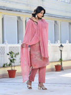 Vaasva Women's Pink Viscose Tissue Digital Printed Suit Set | Grocsy