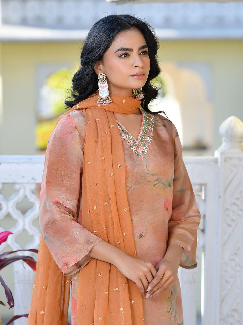 Vaasva Women's Rust Viscose Tissue Digital Printed Suit Set | Grocsy