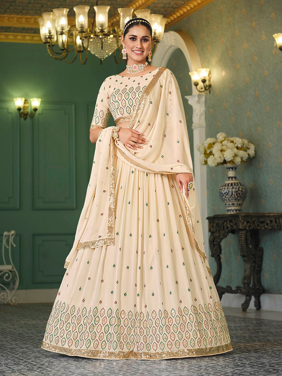 Myra Beige Georgette Embroidered Designer Lehenga | Grocsy