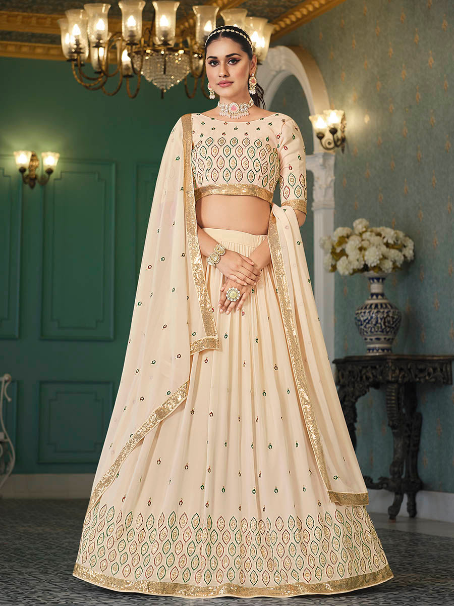 Myra Beige Georgette Embroidered Designer Lehenga | Grocsy