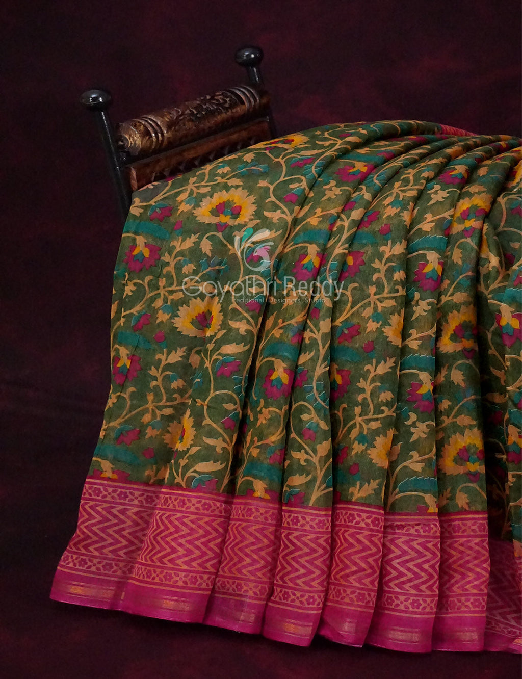 Shades of Dark Green With Rose Pink Blouse Creeper Design Semi Chanderi Saree By Gayathri Reddy Designer Studio | Grocsy