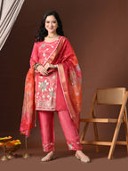Myshka Women Pink Three-Fourth Bell Sleeves Kurta Set with Dupatta | Grocsy