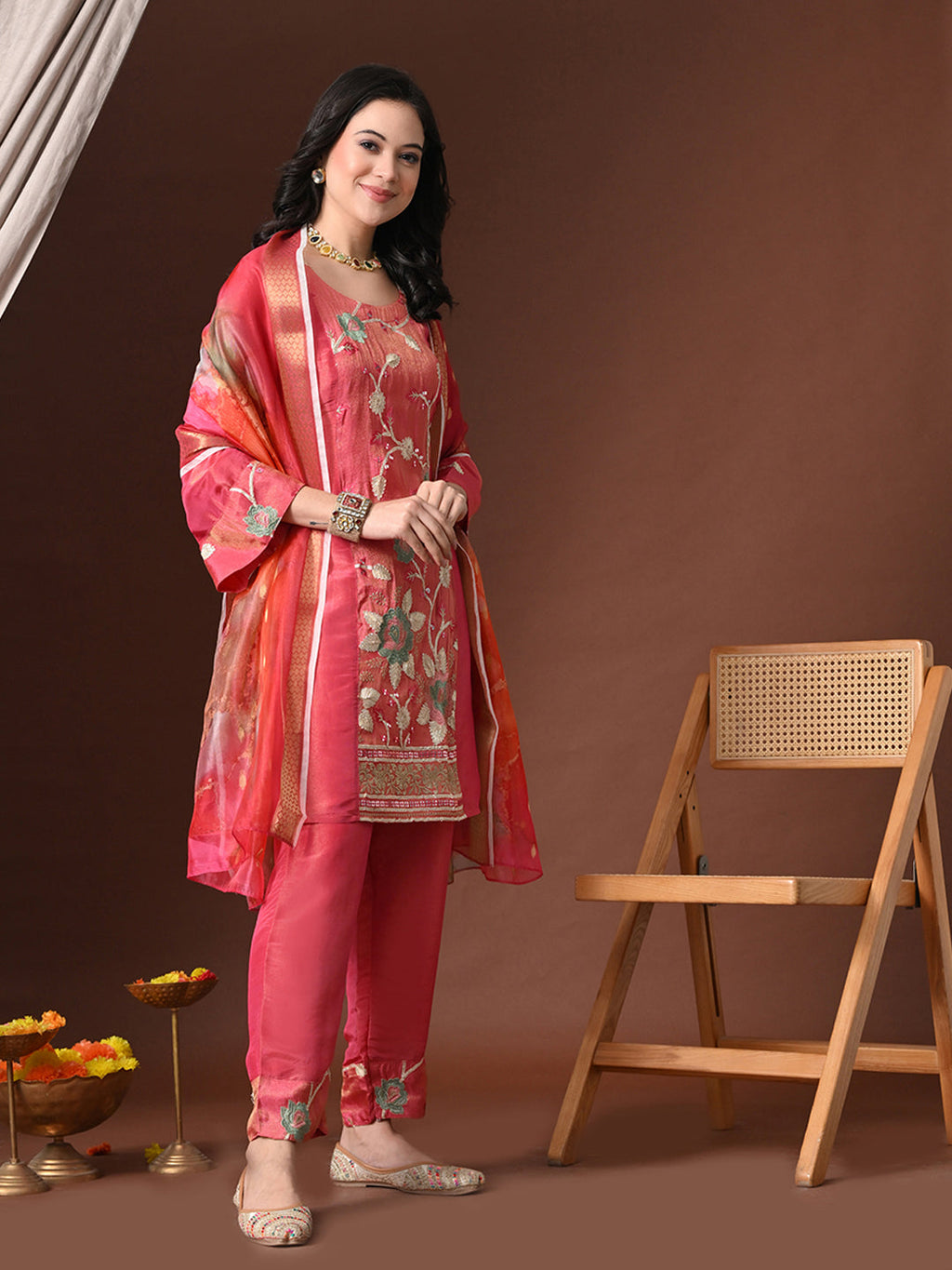Myshka Women Pink Three-Fourth Bell Sleeves Kurta Set with Dupatta | Grocsy