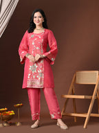 Myshka Women Pink Three-Fourth Bell Sleeves Kurta Set with Dupatta | Grocsy
