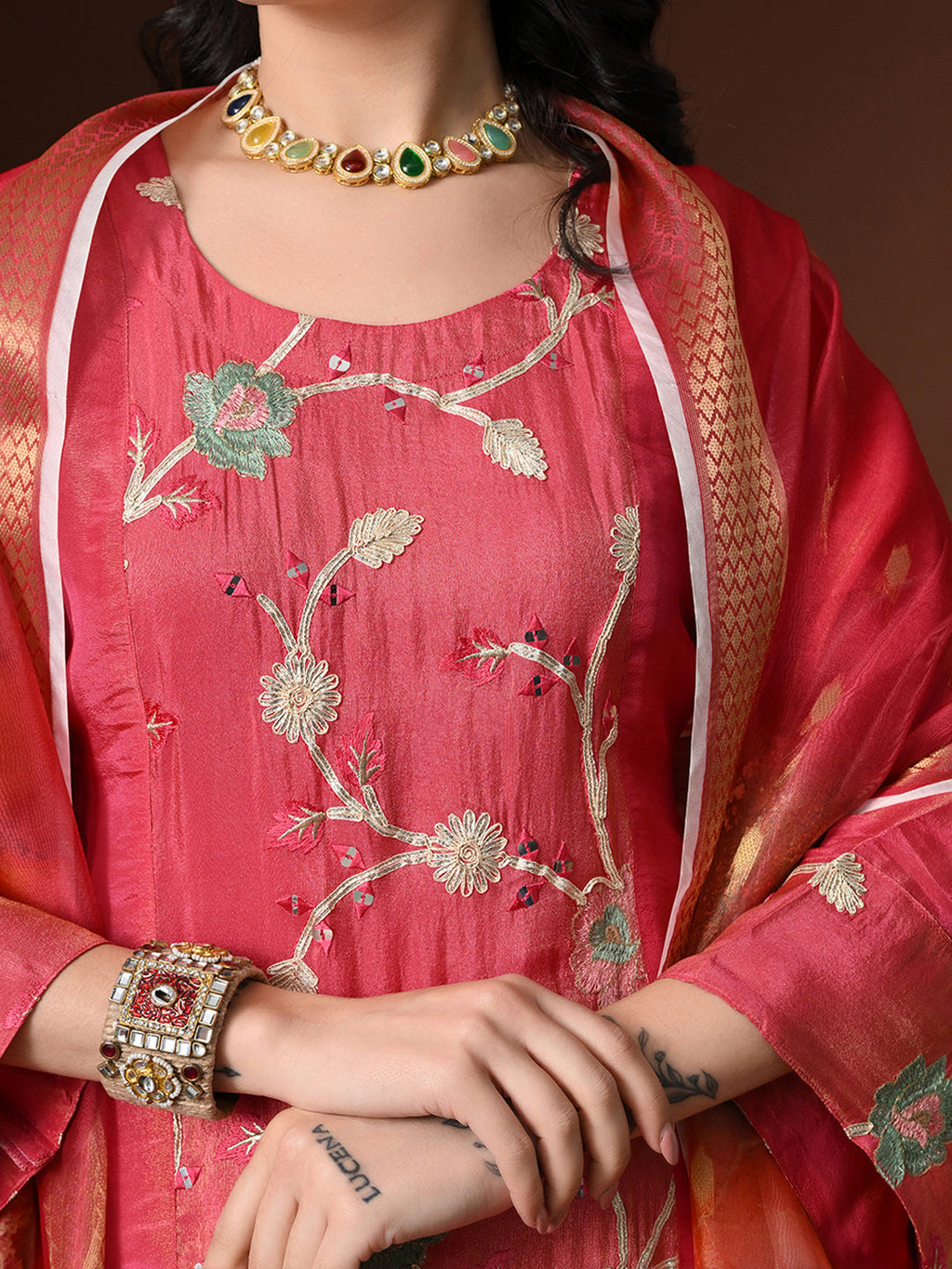 Myshka Women Pink Three-Fourth Bell Sleeves Kurta Set with Dupatta | Grocsy