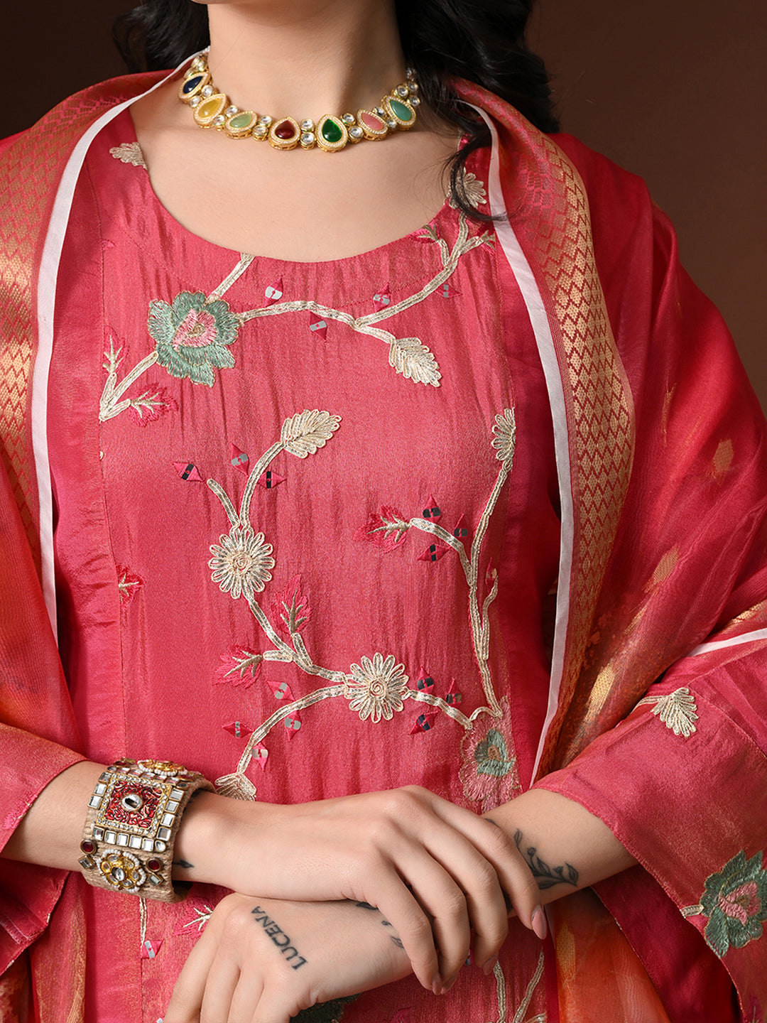 Myshka Women Pink Three-Fourth Bell Sleeves Kurta Set with Dupatta | Grocsy
