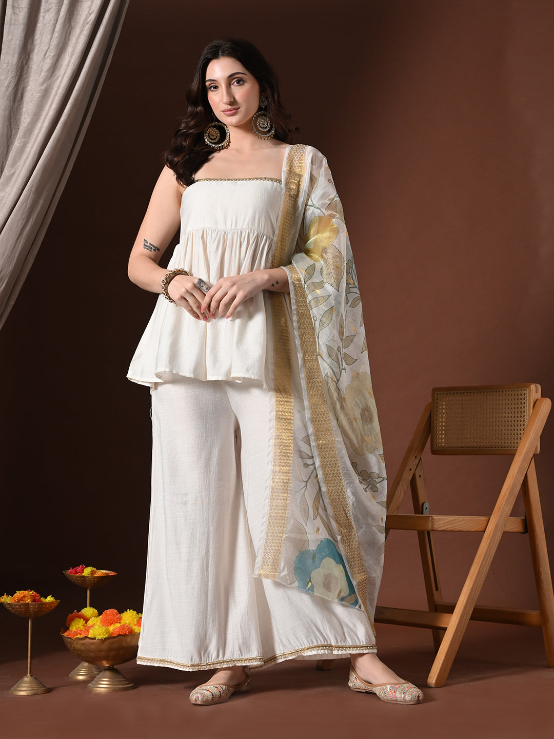 Myshka Women White Longline Sleeveless Kurta with Trouser & Dupatta | Grocsy