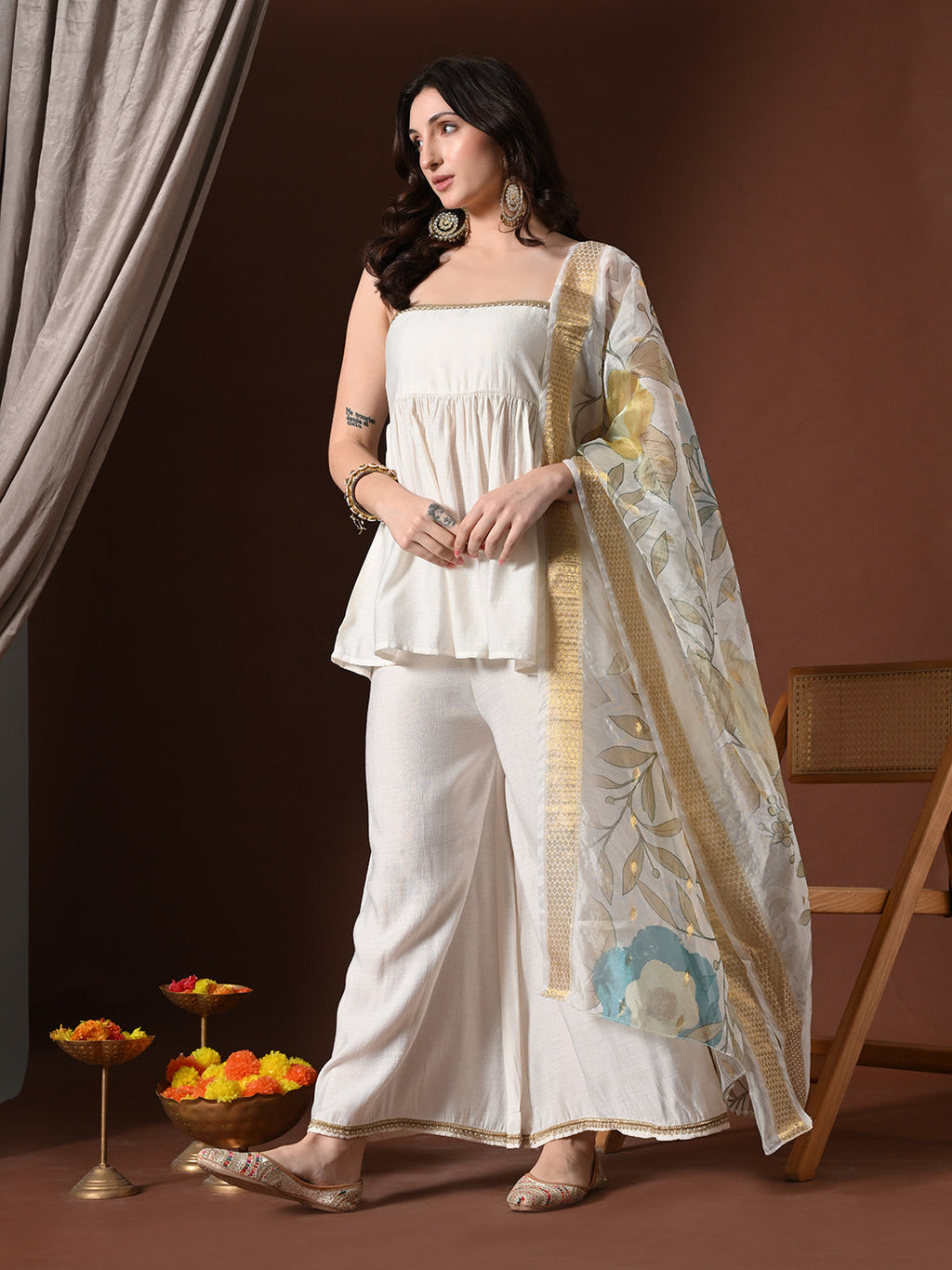 Myshka Women White Longline Sleeveless Kurta with Trouser & Dupatta | Grocsy