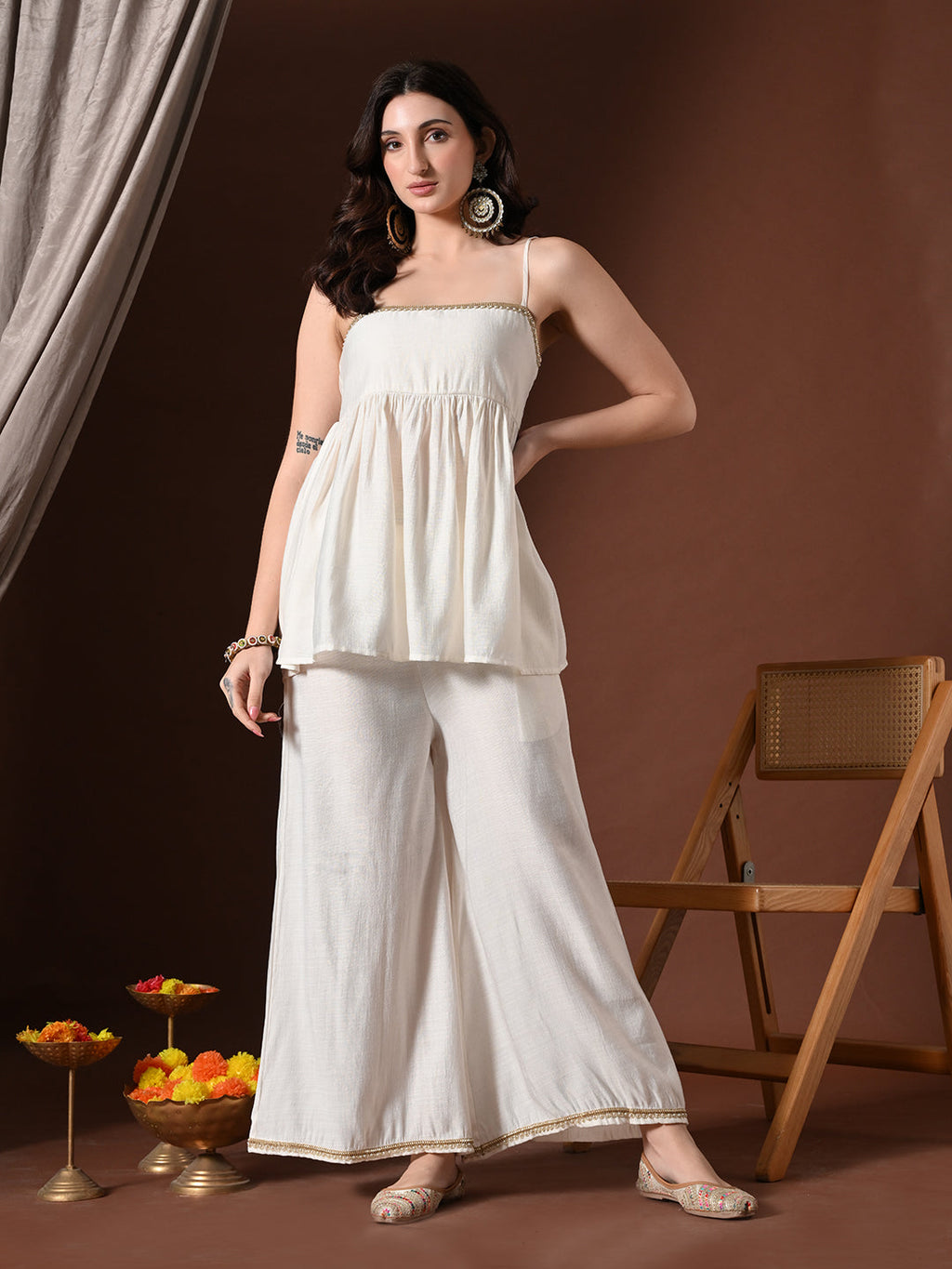 Myshka Women White Longline Sleeveless Kurta with Trouser & Dupatta | Grocsy
