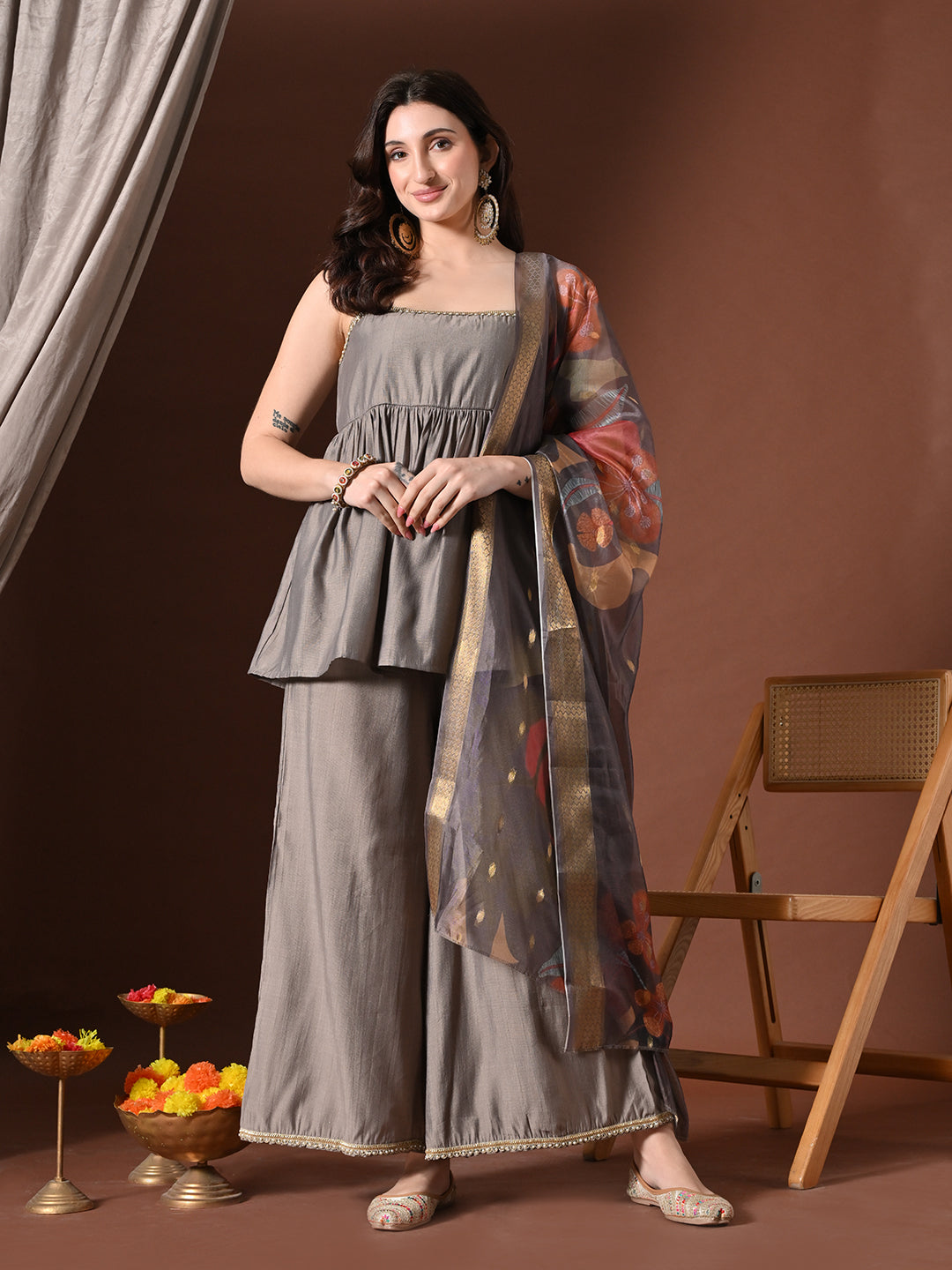 Myshka Women Grey Longline Sleeveless Kurta with Trouser & Dupatta | Grocsy