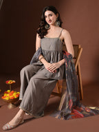 Myshka Women Grey Longline Sleeveless Kurta with Trouser & Dupatta | Grocsy