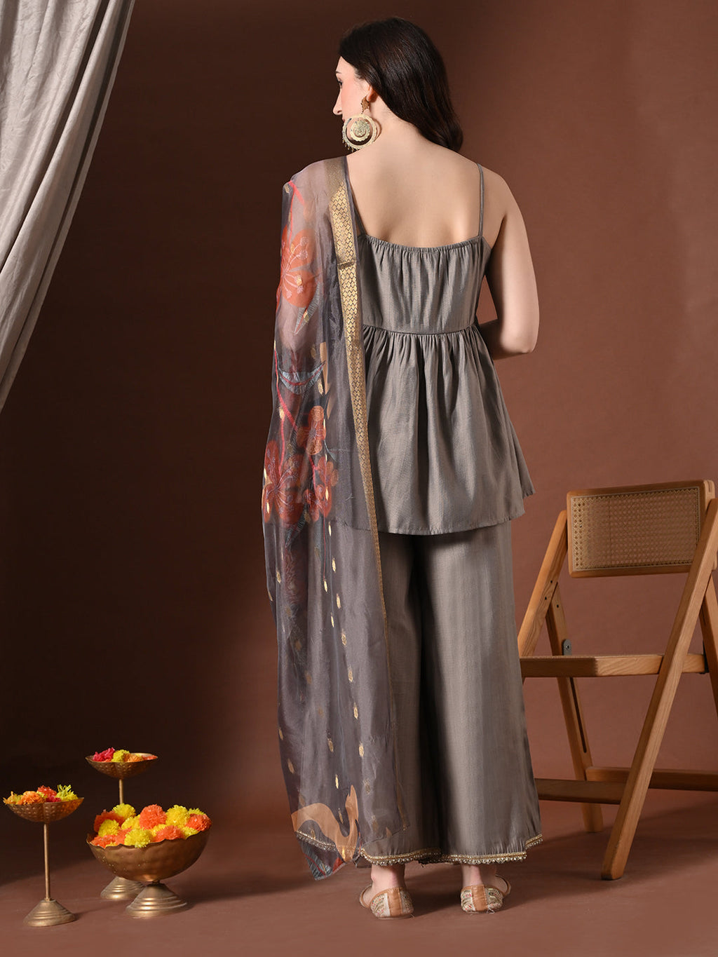 Myshka Women Grey Longline Sleeveless Kurta with Trouser & Dupatta | Grocsy