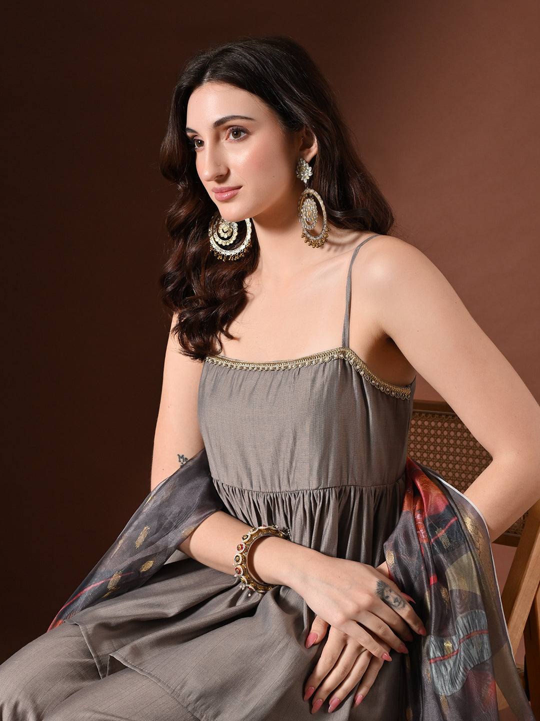 Myshka Women Grey Longline Sleeveless Kurta with Trouser & Dupatta | Grocsy
