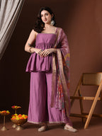 Myshka Women Lavender Longline Sleeveless Kurta with Trouser & Dupatta | Grocsy