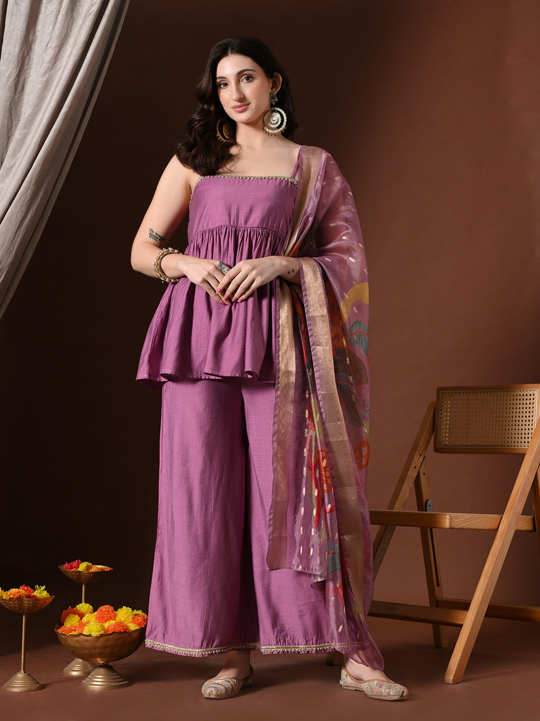 Myshka Women Lavender Longline Sleeveless Kurta with Trouser & Dupatta | Grocsy