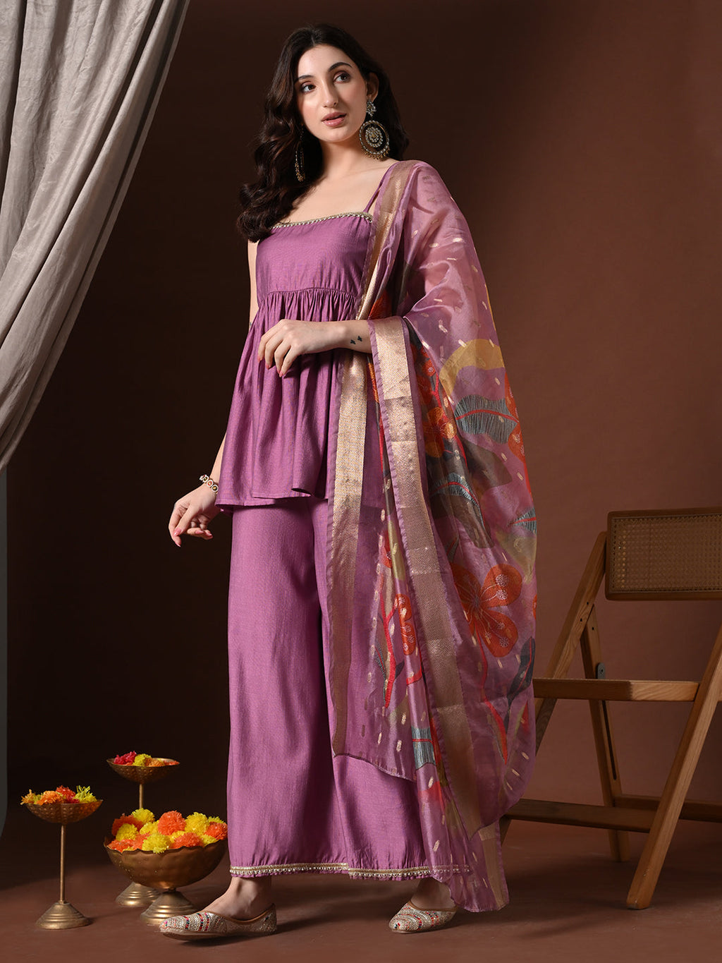 Myshka Women Lavender Longline Sleeveless Kurta with Trouser & Dupatta | Grocsy