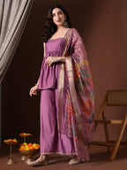 Myshka Women Lavender Longline Sleeveless Kurta with Trouser & Dupatta | Grocsy