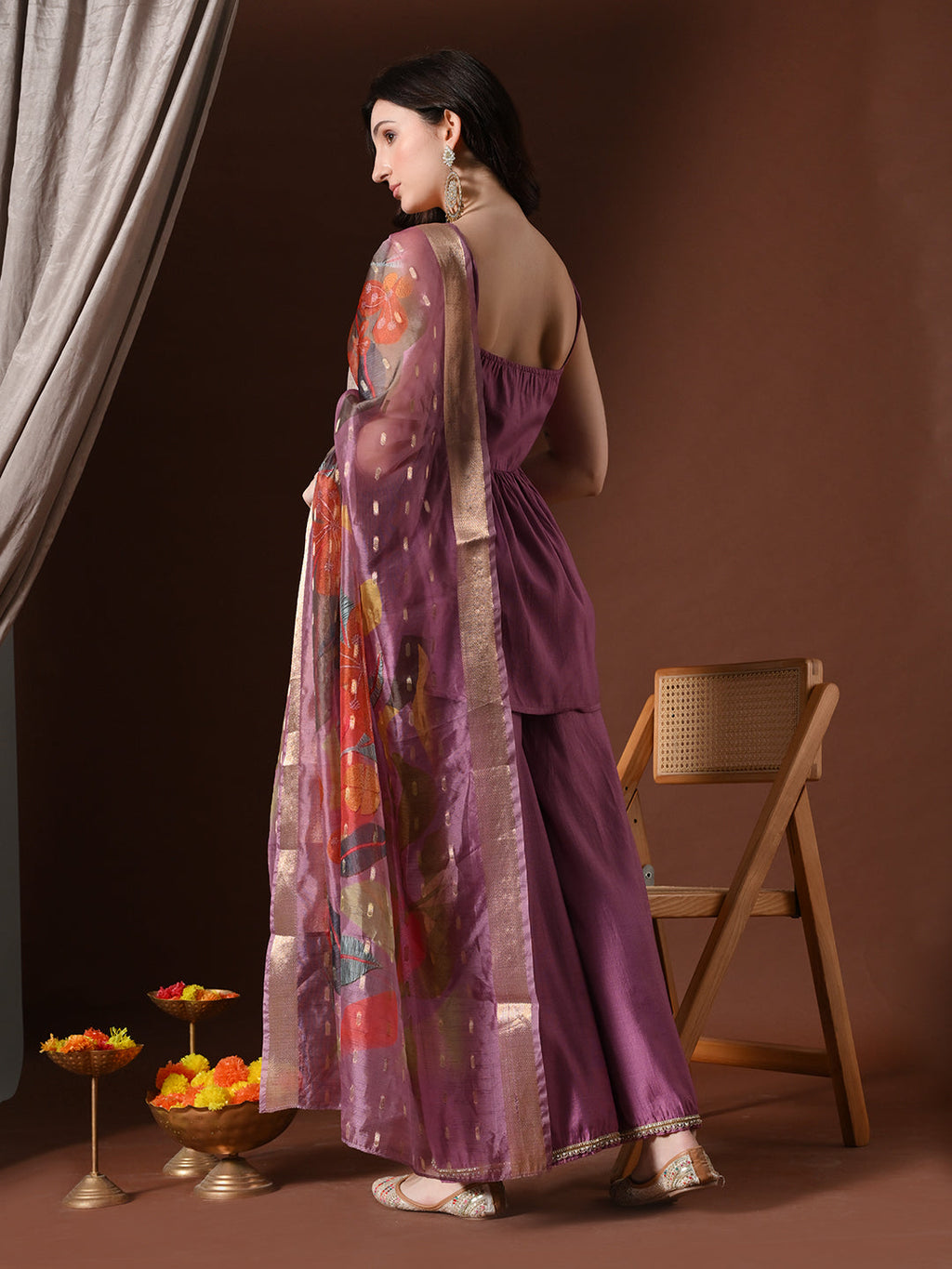 Myshka Women Lavender Longline Sleeveless Kurta with Trouser & Dupatta | Grocsy