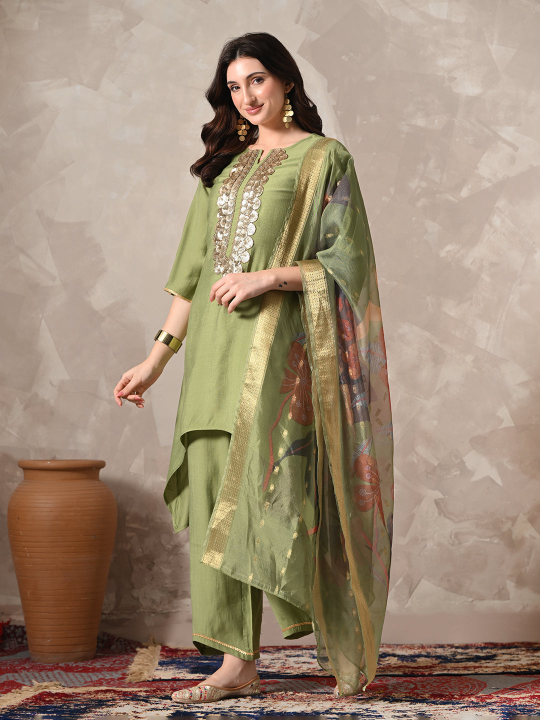 Myshka Women Green Floral Yoke Design Sequinned A-Line Kurta Set with Dupatta | Grocsy