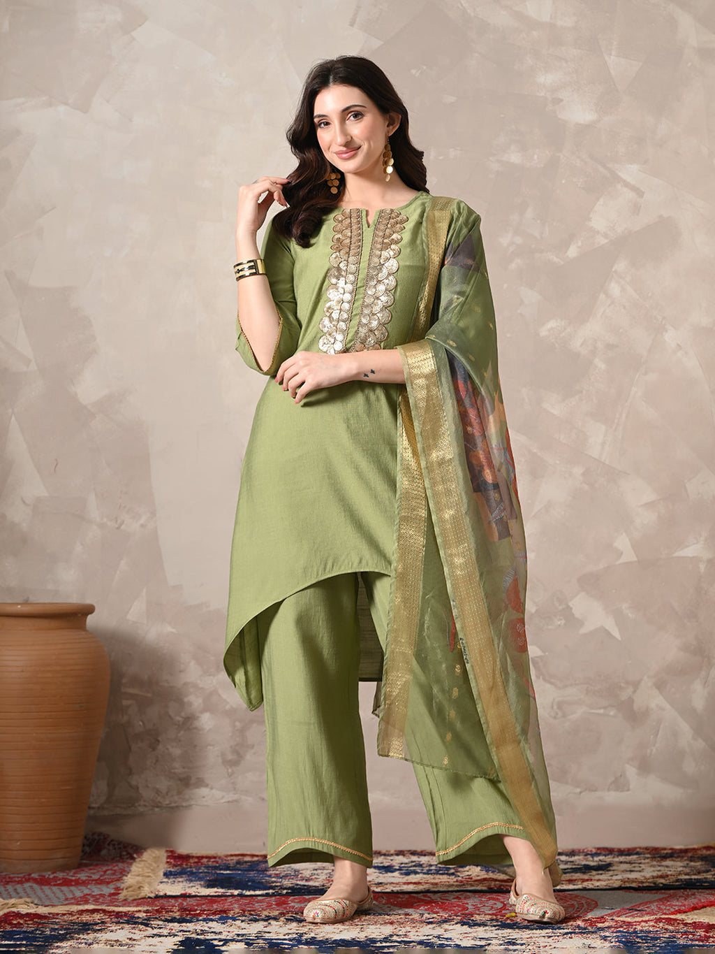Myshka Women Green Floral Yoke Design Sequinned A-Line Kurta Set with Dupatta | Grocsy