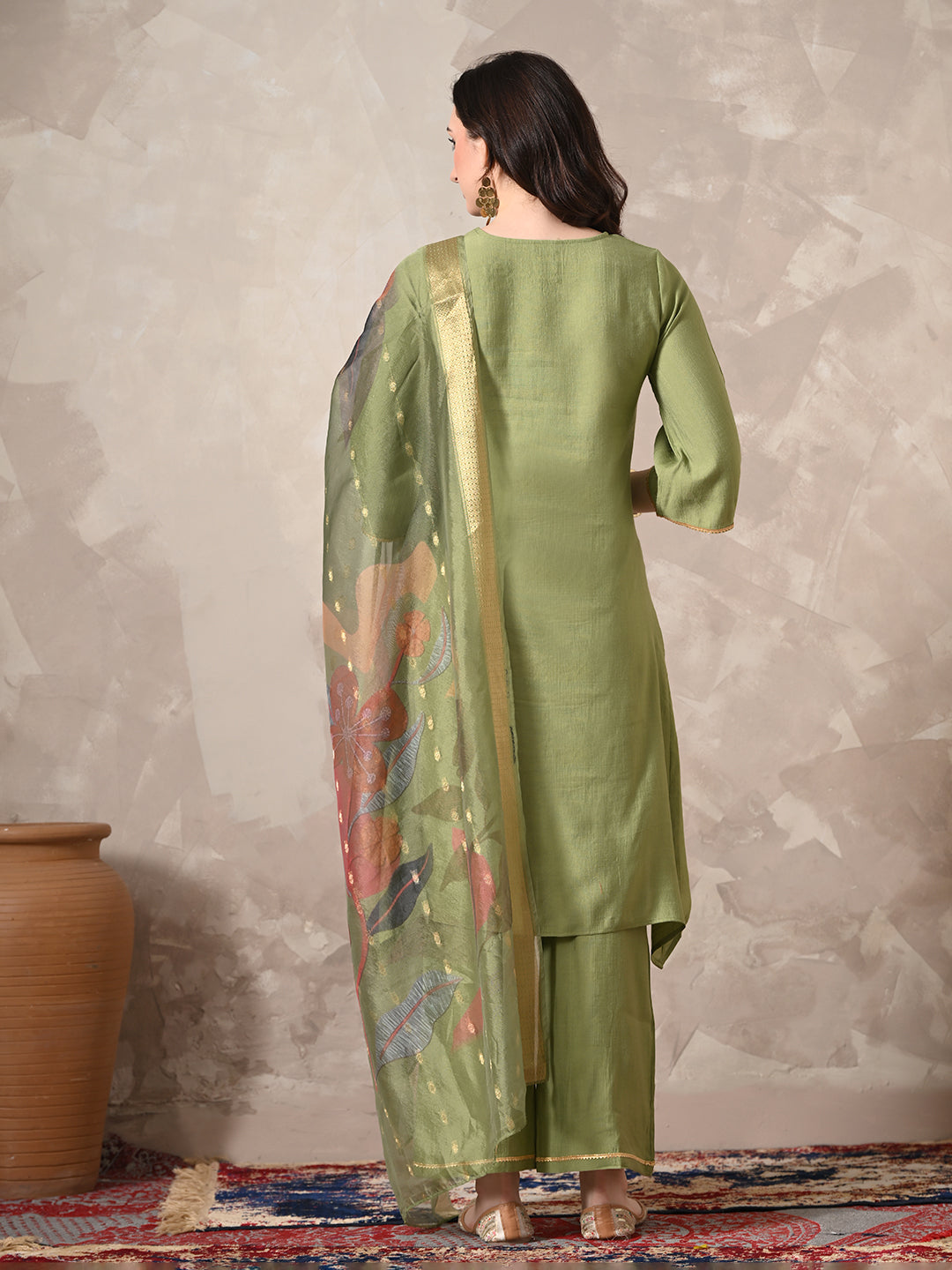 Myshka Women Green Floral Yoke Design Sequinned A-Line Kurta Set with Dupatta | Grocsy