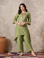 Myshka Women Green Floral Yoke Design Sequinned A-Line Kurta Set with Dupatta | Grocsy
