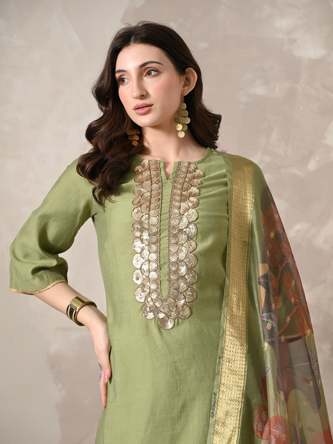 Myshka Women Green Floral Yoke Design Sequinned A-Line Kurta Set with Dupatta | Grocsy