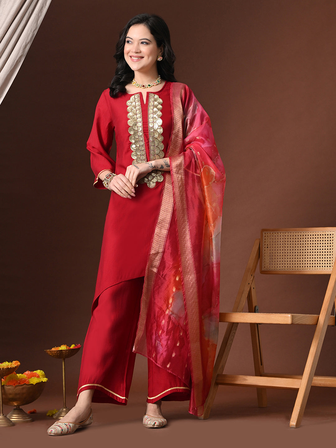 Myshka Women Red Floral Yoke Design Sequinned A-Line Kurta Set with Dupatta | Grocsy