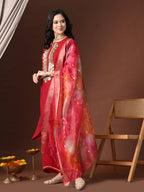 Myshka Women Red Floral Yoke Design Sequinned A-Line Kurta Set with Dupatta | Grocsy