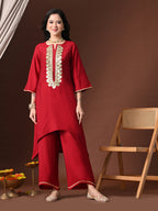 Myshka Women Red Floral Yoke Design Sequinned A-Line Kurta Set with Dupatta | Grocsy