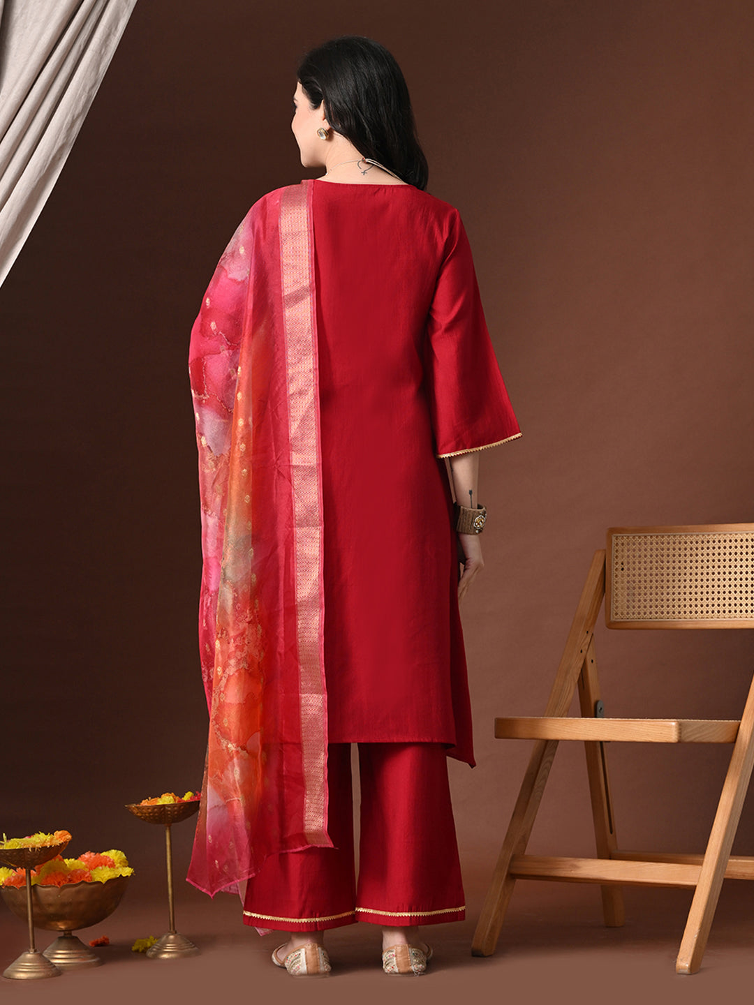 Myshka Women Red Floral Yoke Design Sequinned A-Line Kurta Set with Dupatta | Grocsy
