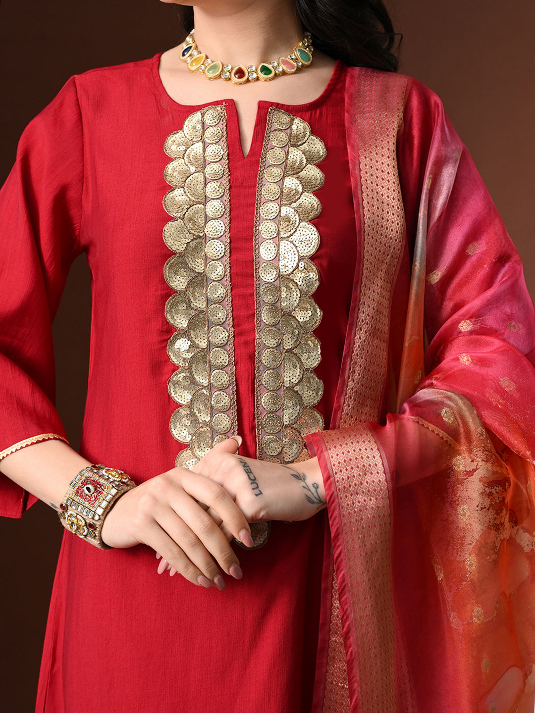 Myshka Women Red Floral Yoke Design Sequinned A-Line Kurta Set with Dupatta | Grocsy