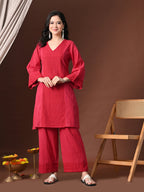 Myshka Women Red Pure Cotton Embroiderd Three-Forth Sleeve Kurta with Trouser | Grocsy