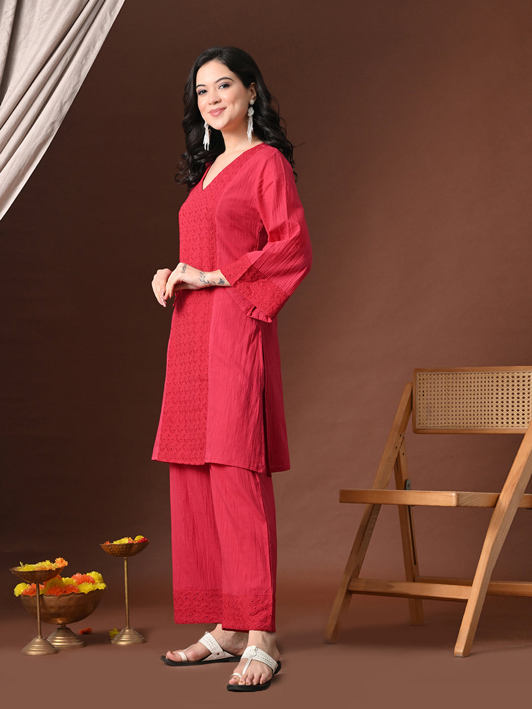 Myshka Women Red Pure Cotton Embroiderd Three-Forth Sleeve Kurta with Trouser | Grocsy