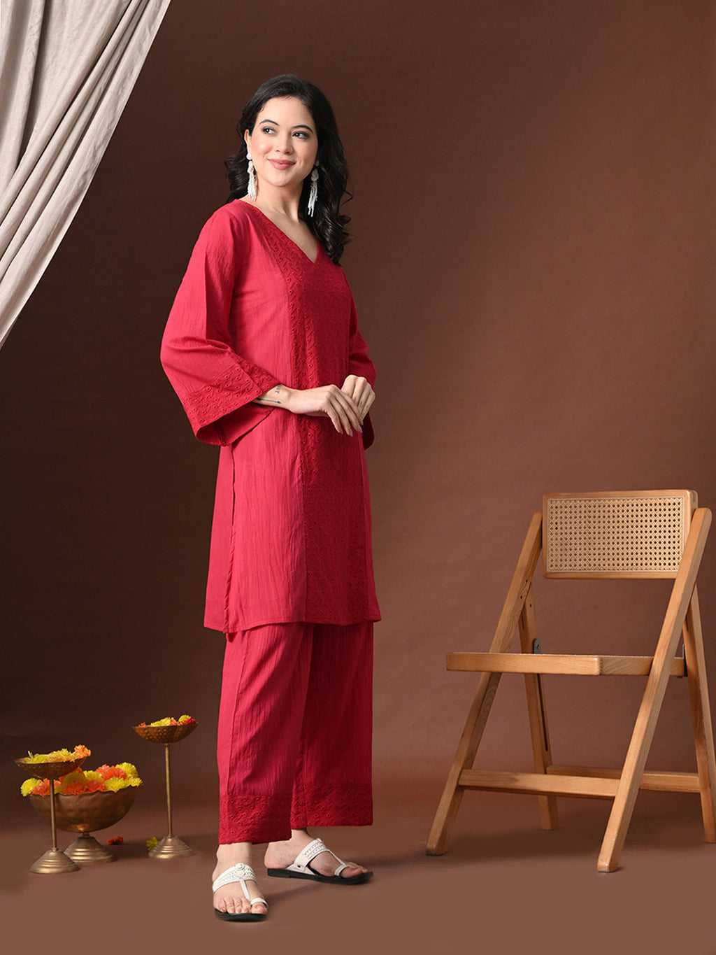 Myshka Women Red Pure Cotton Embroiderd Three-Forth Sleeve Kurta with Trouser | Grocsy
