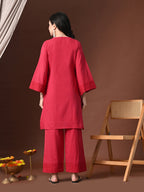 Myshka Women Red Pure Cotton Embroiderd Three-Forth Sleeve Kurta with Trouser | Grocsy
