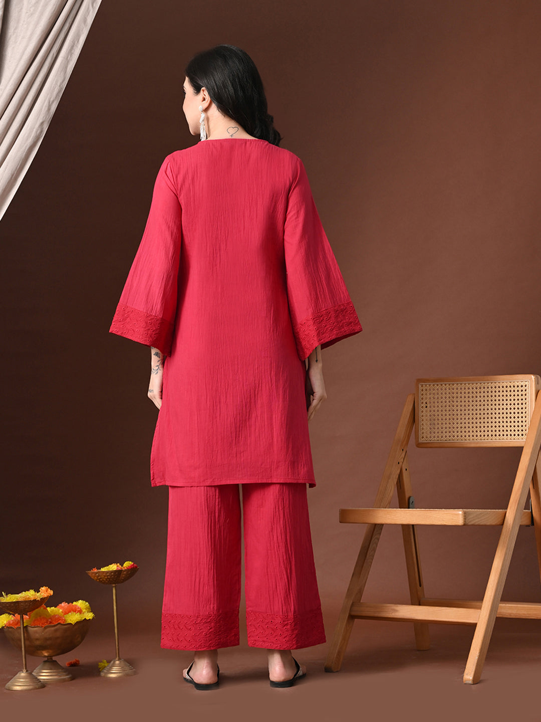Myshka Women Red Pure Cotton Embroiderd Three-Forth Sleeve Kurta with Trouser | Grocsy