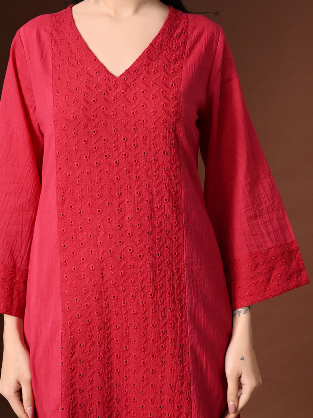 Myshka Women Red Pure Cotton Embroiderd Three-Forth Sleeve Kurta with Trouser | Grocsy