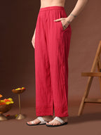 Myshka Women Red Pure Cotton Embroiderd Three-Forth Sleeve Kurta with Trouser | Grocsy