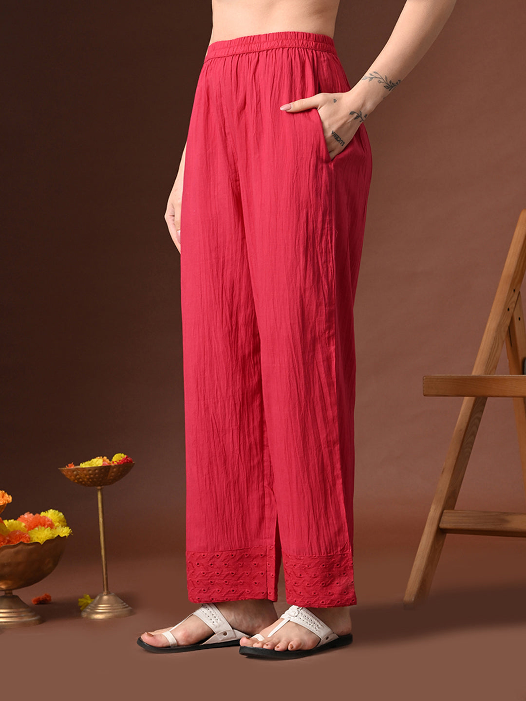 Myshka Women Red Pure Cotton Embroiderd Three-Forth Sleeve Kurta with Trouser | Grocsy