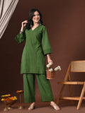 Myshka Women Green Pure Cotton Embroiderd Three-Forth Sleeve Kurta with Trouser | Grocsy