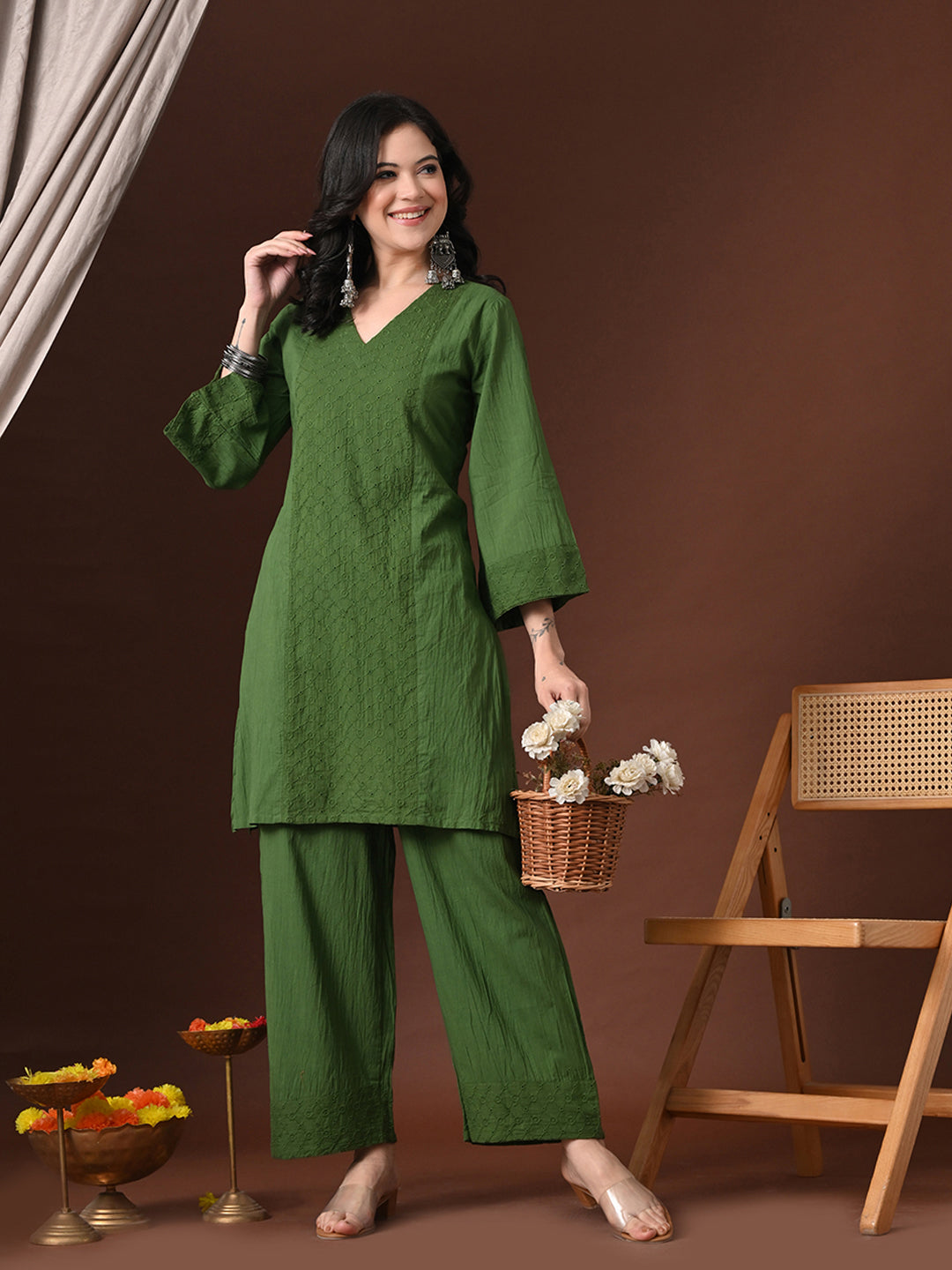Myshka Women Green Pure Cotton Embroiderd Three-Forth Sleeve Kurta with Trouser | Grocsy
