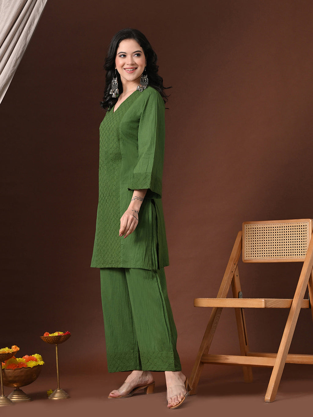 Myshka Women Green Pure Cotton Embroiderd Three-Forth Sleeve Kurta with Trouser | Grocsy